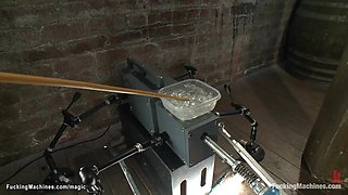 Bound babe caned and machine fucked