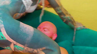 Heavy Tattooed Pornstars in Gangbang with 8 Big Cocks