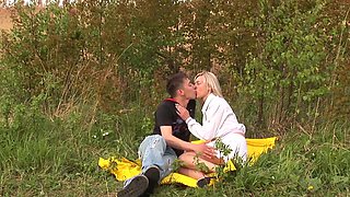Passionate sex of young couple in the forest