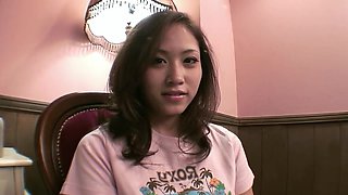 Japanese teen masturbates before sucking a fat dick
