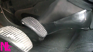 Pedal Pumping in Black Pantyhose and Grey Patent High Heels