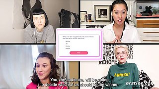 Four women smile and talk on a 2x2 video call in casual clothes