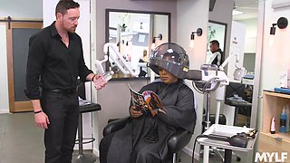 Risky fuck with a tanned blonde MILF Bridgette B in the barber shop