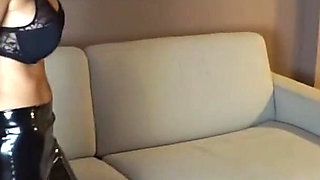 Blonde in Shiny Leggings Teases Masked Stud on Couch