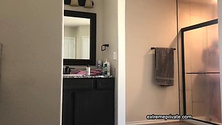 Stepmother showers, I jerk off while peeking