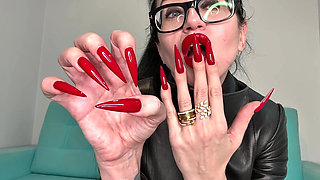Red Long Nails, Claws and Tight Long Leather Coat on Me