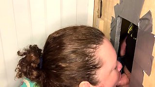 Big titted glory hole blowjob slut fucks and loves facial