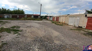 Public Cum Swallow Behind Garages During the Walk - POV
