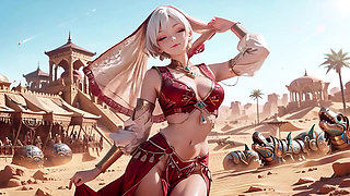 Desert Fantasy! Silver-haired Saintess's Private Dance in the Red-Gold Palace, light ribbons wrapping around her.