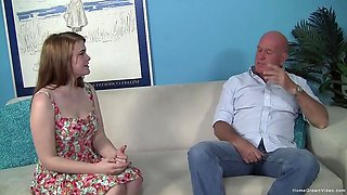 Young blonde amateur with small tits gets hardcore fucked by older man in homemade video