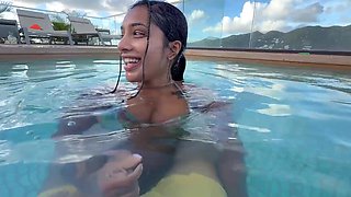 She sucks my dick a little bit and jerks me off in the pool
