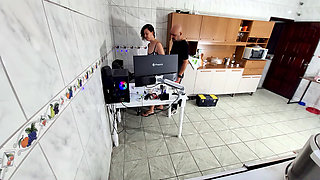 Naughty wife greets the repairman while wearing only a towel and swallows the load.