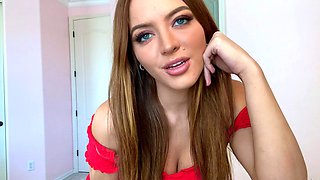 Busty curly brunette with big boobs fucks on couch