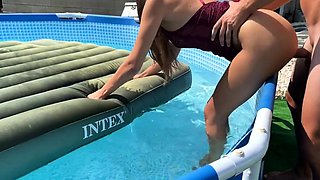 Red Lingerie Leads to Hardcore Anal by the Pool
