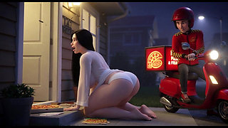 Curvy Woman In Translucent White Outfit Talks To Pizza Delivery Guy At Her Front Door At Night (AI generated)