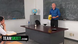 Teamskeet - fortunate stud walks in on pervert professor and cute teen rubbing their humid vulvas in classroom