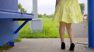 128 Subtle Outdoor Flirting with Passing Drivers at a Bus Stop. Do You Like My Legs? 60fps