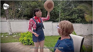 Grandma Has Bad Intentions And Convinces Gardener To Let Her Fuck Him In The Ass With The Strap-on