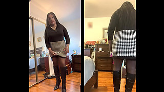 Black Babe Danae in a Sweater Dress Fingering Her Pussy