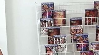 Sex Shop Foursome - Busty Brunette in Fishnets and Redhead in a Red Corset Fucked Among the Dvds