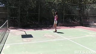 Redhead Slut's Tennis Practice with Friend Ends in Steamy Summer Threesome on Court with New Coach