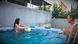 Three Guys Fucked a Sexy Girlfriend After a Pool Party - She Loves It When Cum Runs Down Her Face