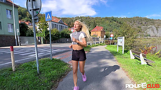 Leggy Flexible Blonde Zlata Shine Dicked Outdoors by Charlie Dean During Her Morning Jog