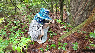 Thai Girls Walking and Talking and Picking Mushrooms in the Forest, Secretly Showing in the Deep Forest Clear Thai Voice