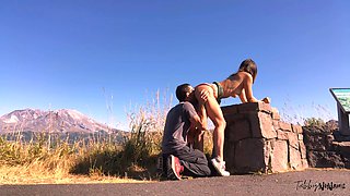 Amazing busty brunette slut doing blowjob outdoor
