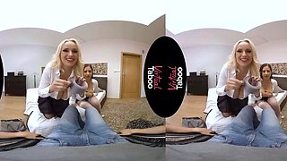 Busty platinum-blonde and dark-haired sisters in stockings