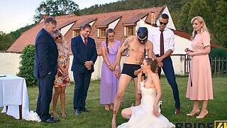 Hot brides in nylon stockings have sex with a guy in the open air
