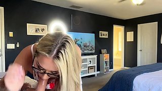Blonde cumshot amateur MILF POV jerking in the kitchen