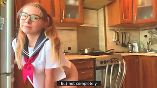 Young Beauty in Japanese College Uniform Masturbates in the Kitchen and Chats with You