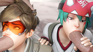 Tracer & Kiriko - Sharing Dick, Blowjob & Cowgirl Riding 3D Porn Overwatch