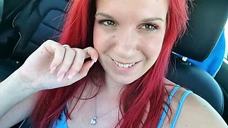 Redhead Malou gets hot and naked after shopping in the car