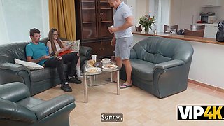 Tiny Nerdy Gal Cucks BF, Pleasing His Stepdad With Sex So That The Old Man Let Them Stay In His House