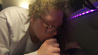 Innocent Chubby white nerd girl with glasses sucks cock and licks up the cum