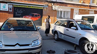 Dirndl Slut Gets Dirty and Oily Changing Tires
