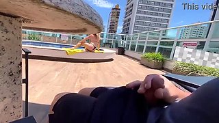 Big Tit MILF Catches Me Jerking at Public Pool and Gives Handjob to Cumshot