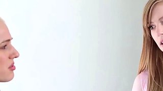 Taboo platinum-blonde woman and trimmed head girl share a
