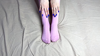 Pink Socks in Hands of Mistress with Blue Nails in Solo Video