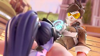 Widowmaker gets intimate with Tracer, making sultry eye contact while pleasuring her