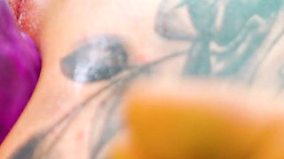 Tattooed Lesbian Orgy with Big Toys - All-girl Fun