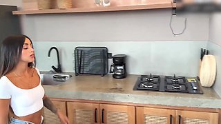 Slim Buxom Latina Beauty Entices Her Best Friend Into Hot Kitchen Sex Since Her BF Fails To Come