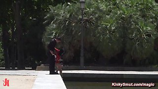 Slave on a leash gang nailed in public