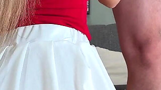 Hot Sexy Tennis Girl in Short White Skirt Goes No Panties and Gives a Handjob to Take Cum on Big Boobs