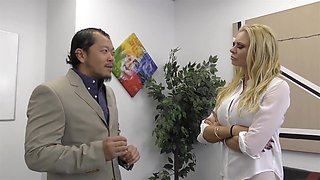 Domineering Deep throat in office by freaky unsighted cougar deep-throater damsel for bewildered Lenny.