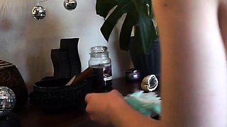 Redhead co-ed slowly strips to lingerie while cleaning her r