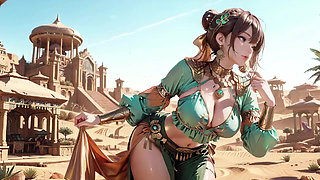 Green Gold Queen Coronation! Lazy side-lying in the desert palace, fingers teasing hair and veil, sun-kissed skin glistening.