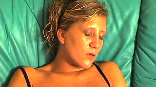 Lonely brunette chick is filling her pussy with a big dildo